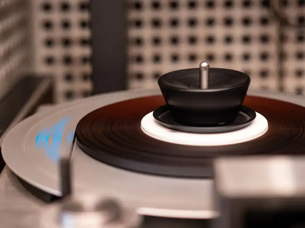 Vinyl record being cleaned in an ultrasonic bath